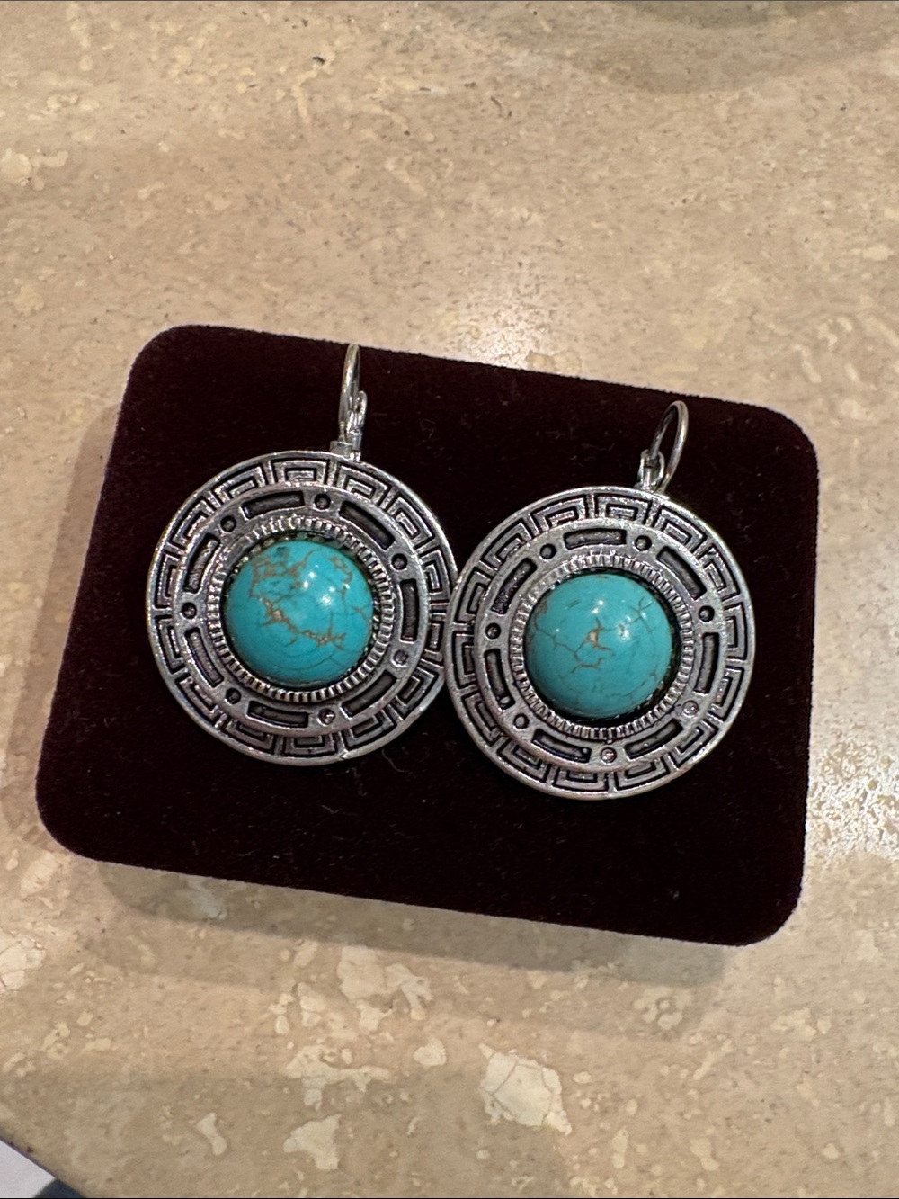 Turquoise Cabochon Silver-Tone Round Drop Earrings - Women Jewelry